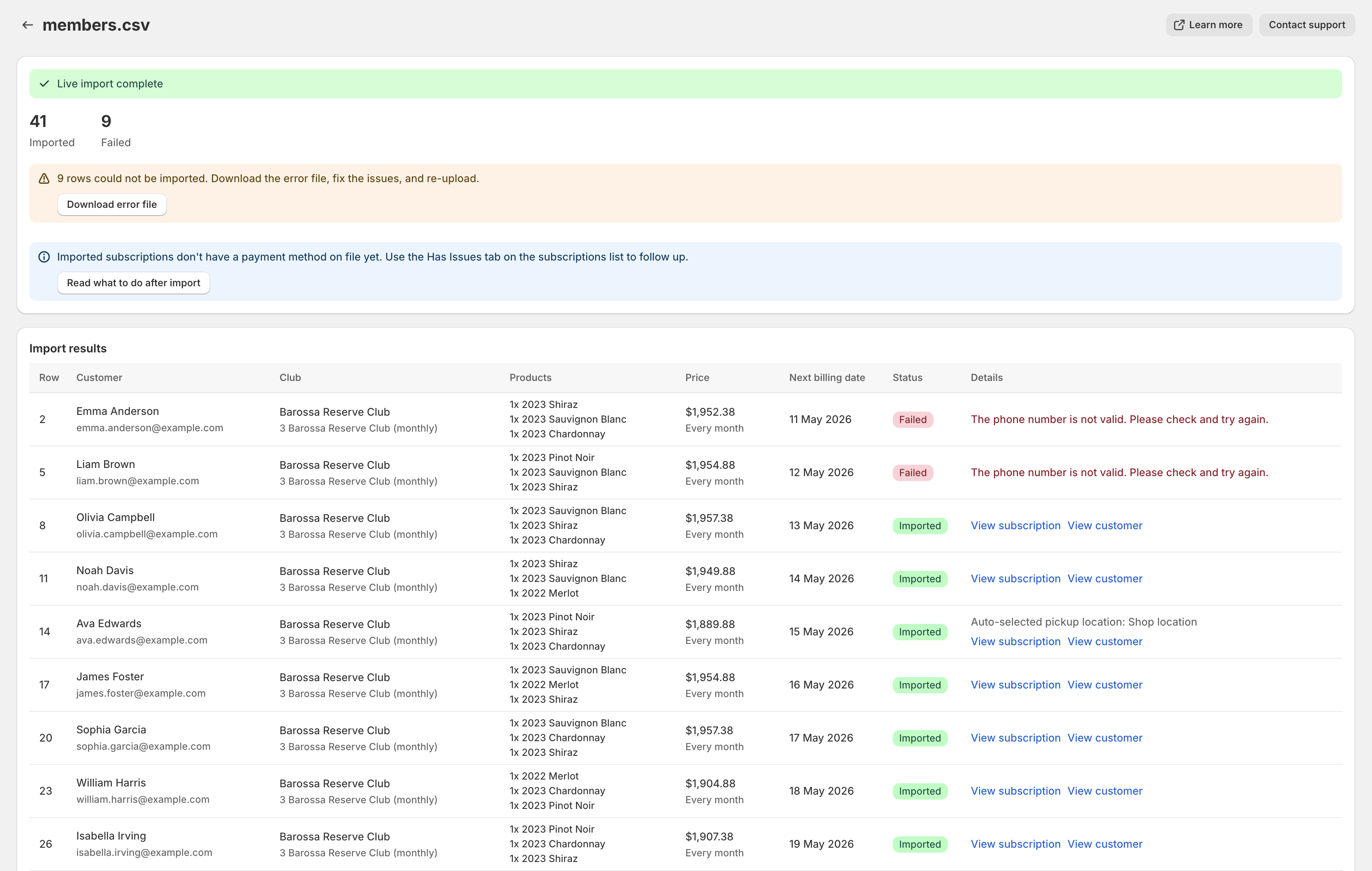 Live import complete showing imported and failed counts with a row-by-row breakdown of results