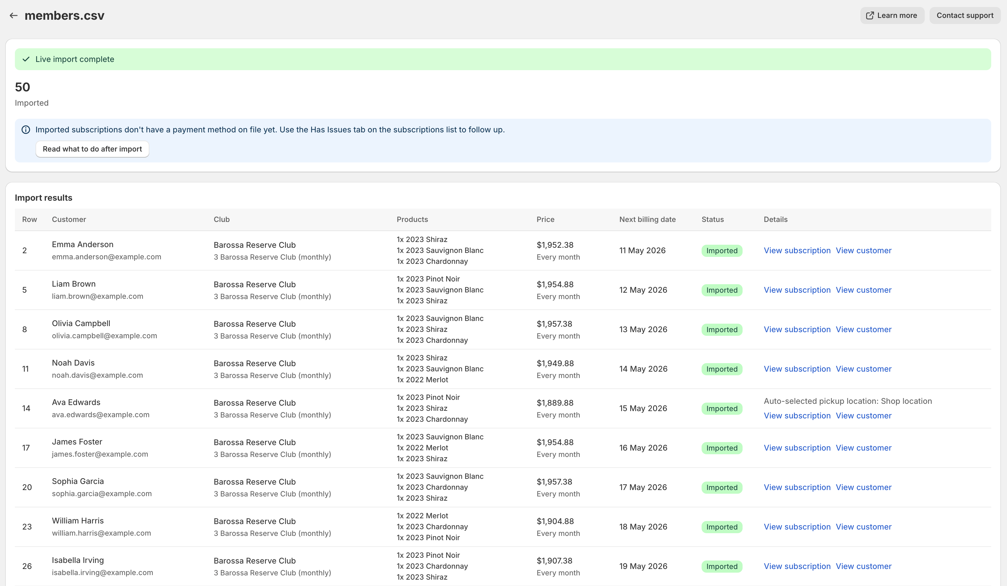 Live import complete page showing 50 of 50 subscriptions imported, with a row-by-row success table and a follow-up reminder to ask customers to add a payment method