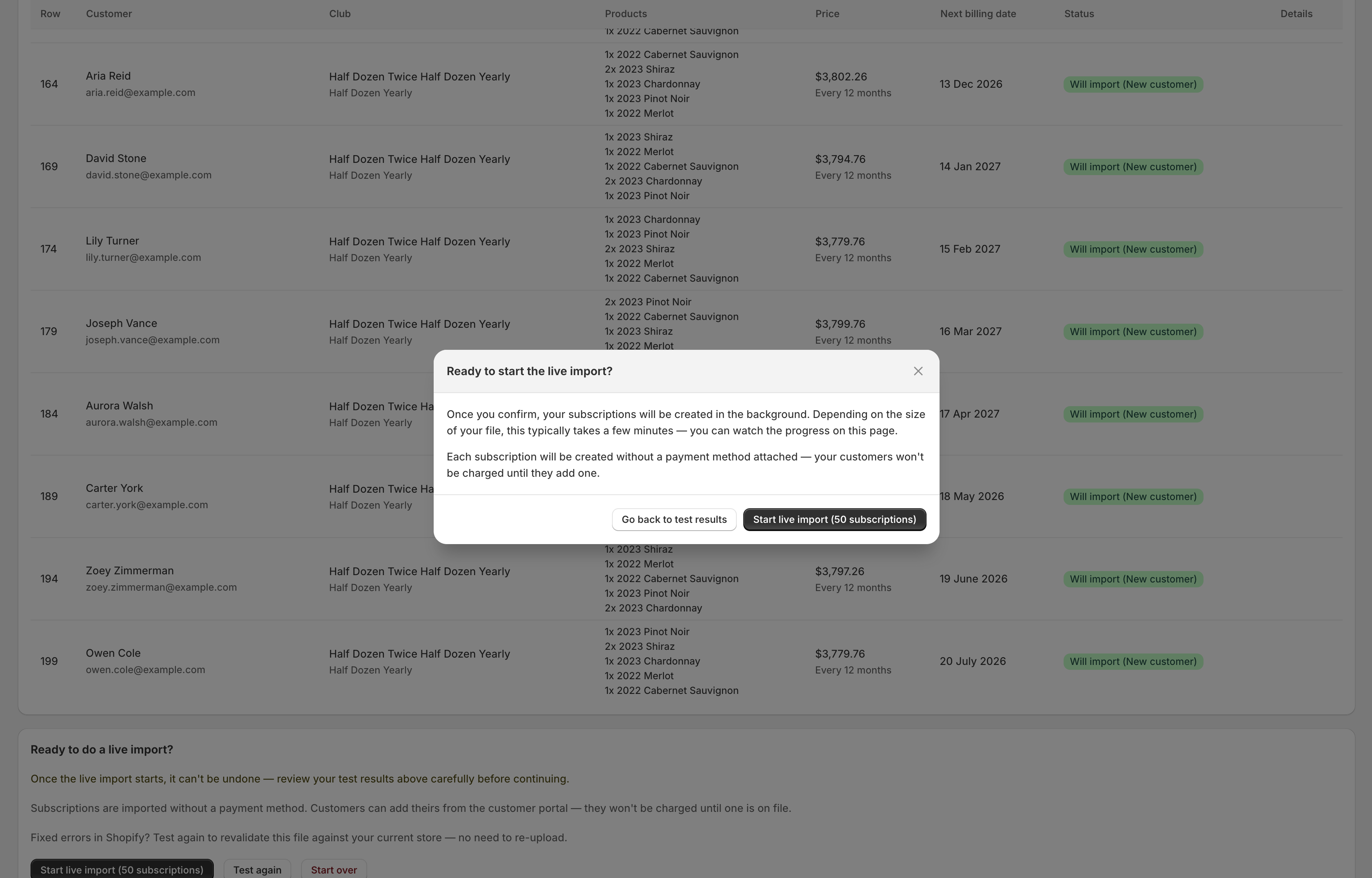 Confirmation dialog asking whether to start the live import