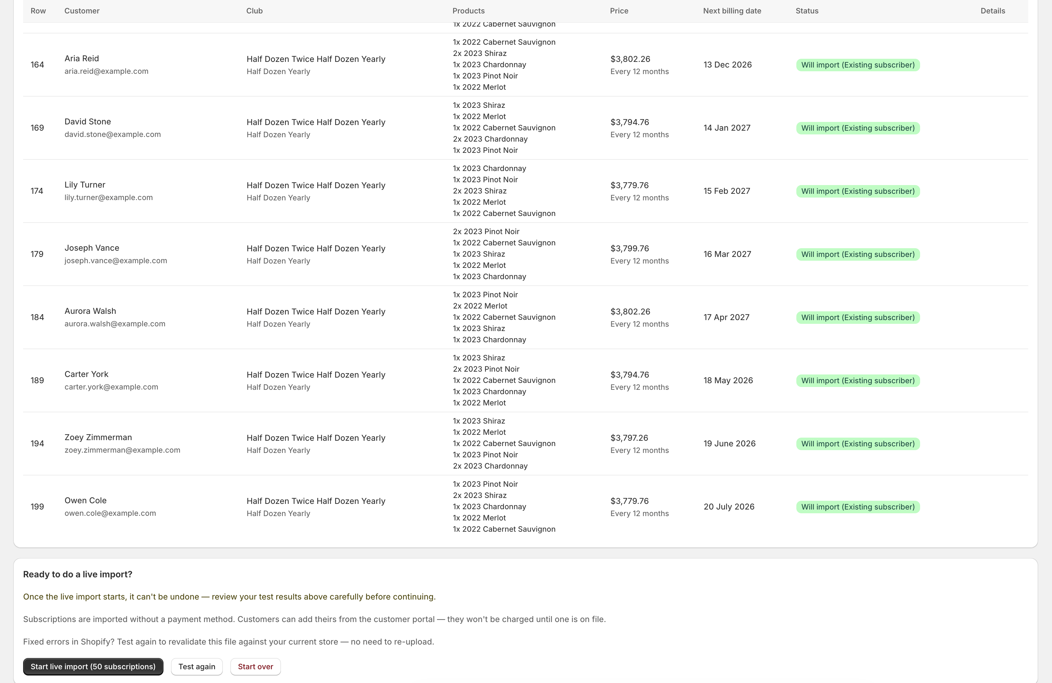 Bottom of the test import results showing rows with status labels and the action buttons