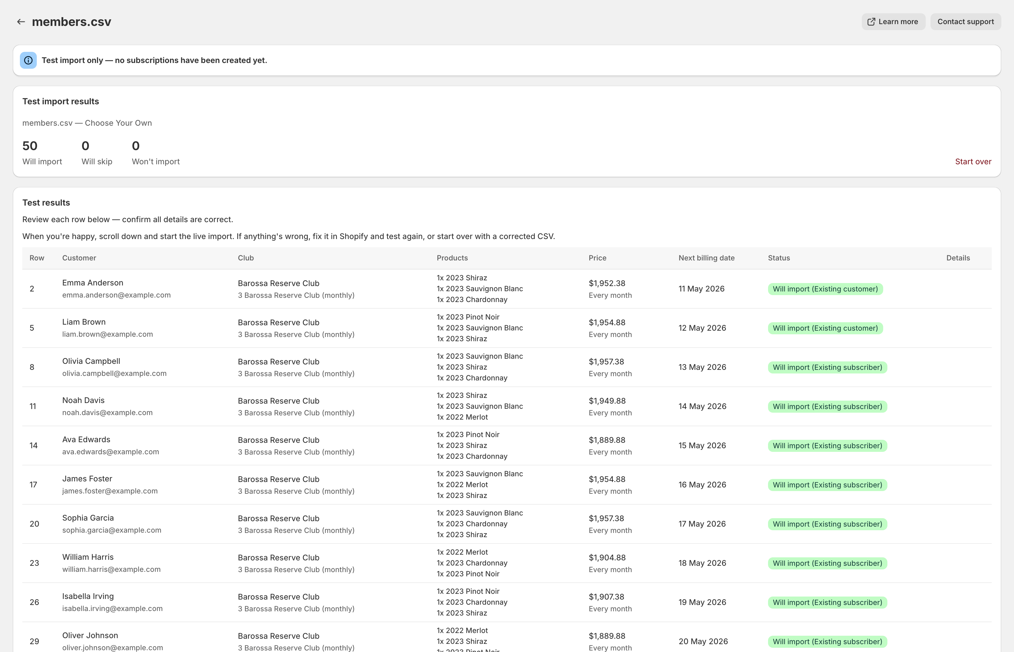 Test import results showing summary counts and a row-by-row breakdown with status indicators