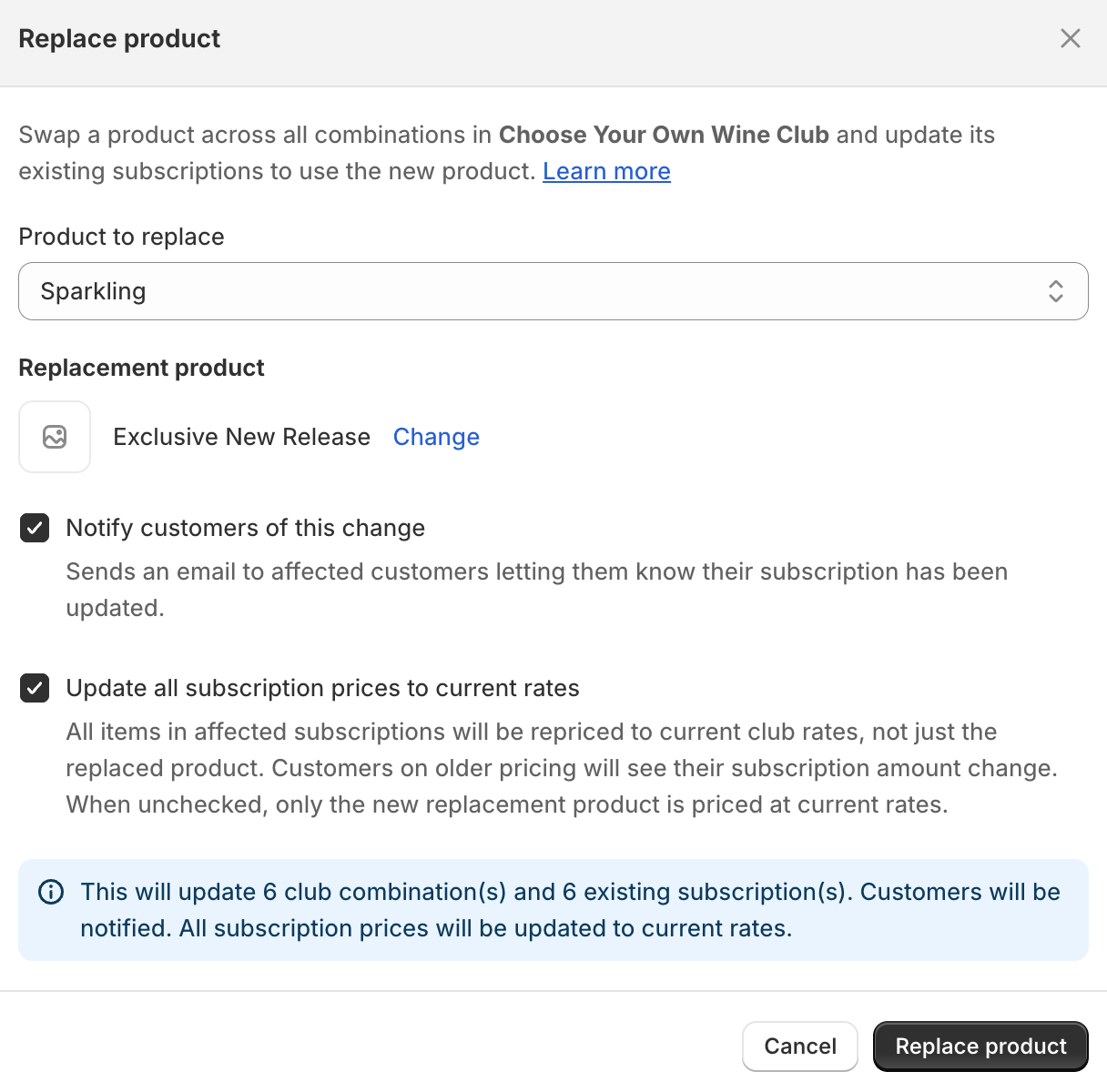 Replace product dialog showing product selection, notification and repricing options